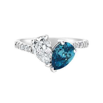 Pear-Shaped Blue Lab Grown 2.20ctw. Diamond Toi Et Moi Two-Stone Plus Engagement Ring in 14k White Gold