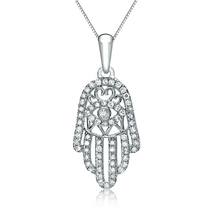 Diamond &#188;ct. Hand of Fatima with Evil Eye Pendant in 14K White Gold image number null