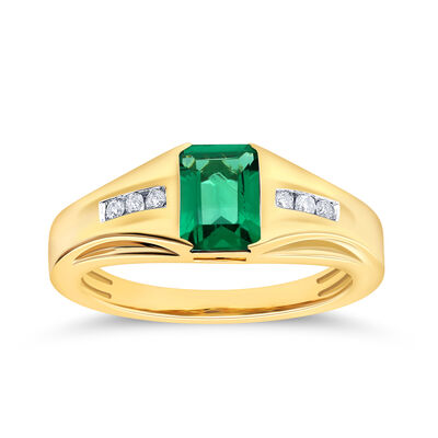 Men's Emerald-Cut Created Emerald & Diamond Ring in 10k Yellow Gold
