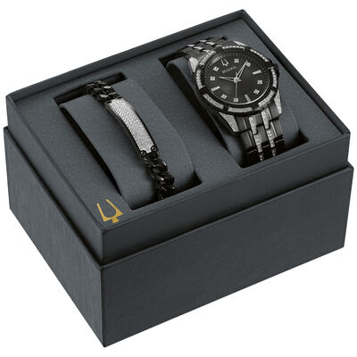 Bulova Men's Black Stainless Steel Crystal Watch Set 98K109