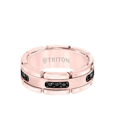 Triton Men's Rose Tungsten Carbide Flat Comfort Fit Black Diamond Band 8MM