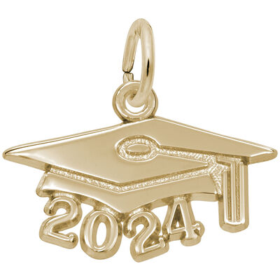 Large 2024 Graduation Cap Charm in Gold Plated Sterling Silver