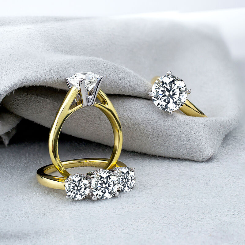 Blossom Cut Round Lab Grown 2.35ctw. Diamond 3 Stone Hidden Halo Engagement Ring in 14k Yellow Gold image number null