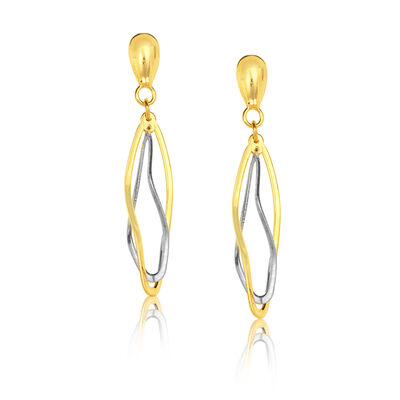 Double Wave Shape Dangle Earrings in Two-Tone Gold
