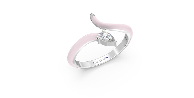 Pear-Shaped Lab Grown Diamond Pink Ceramic Open Style Ring in Sterling Silver image number null