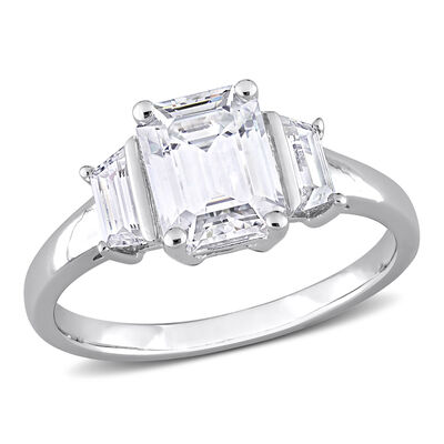 Emerald-Cut 2 1/3ctw. Created Moissanite 3-Stone Engagement Ring in Sterling Silver