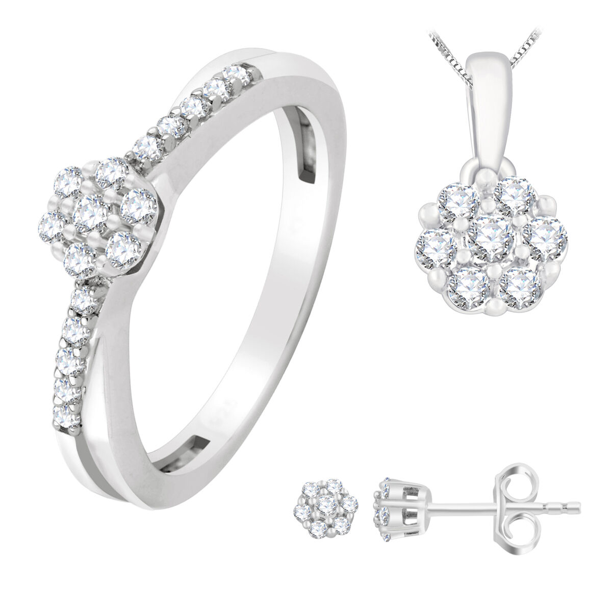 Lab-Crafted Diamond Flower Ring, Pendant, and Earring Set