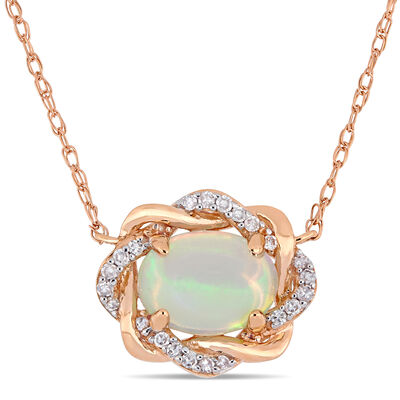 Ethiopian Blue-Hued Opal & Diamond Woven Halo Necklace in Rose Gold