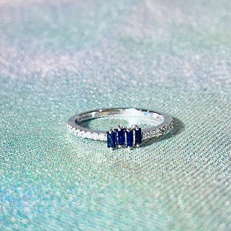 Baguette-Cut Sapphire Gemstone & Diamond Ring in 10k White Gold image number null