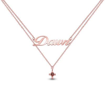 Nameplate Necklace with Birthstone Cross in 14k Rose Gold