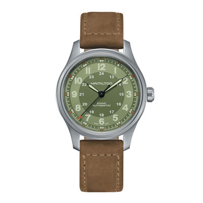 Hamilton Men's Khaki Field Titanium Automatic Green Dial Brown Leather Strap 42mm Watch H70545560