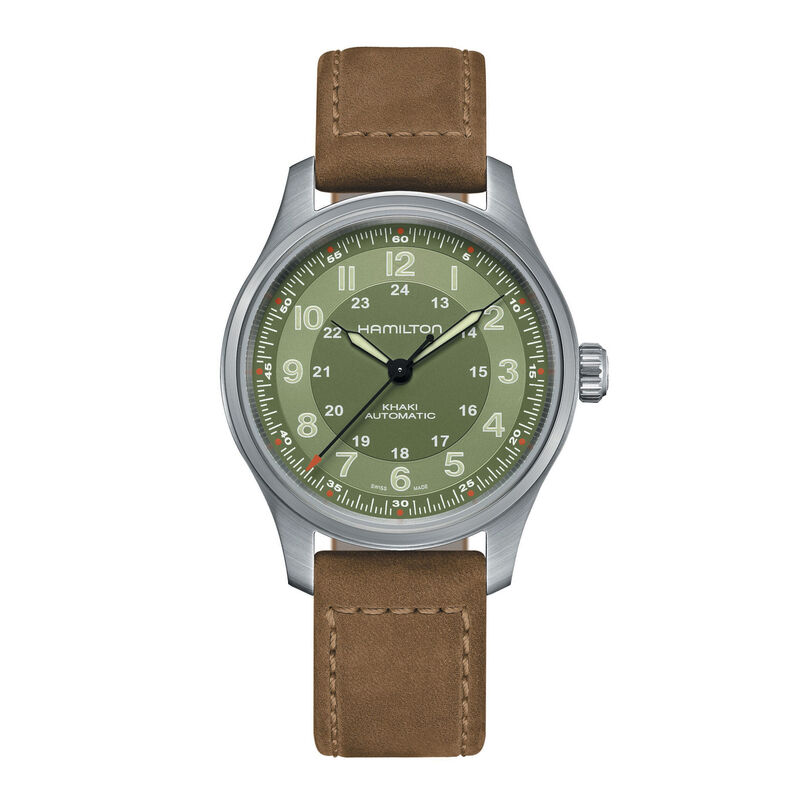 Hamilton Men's Khaki Field Titanium Automatic Green Dial Brown Leather Strap 42mm Watch H70545560 image number null