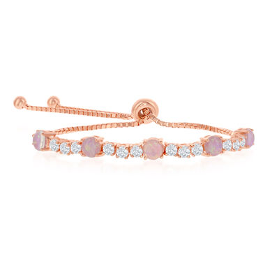 Pink Opal & Round Crystal Rose Plated Sterling Silver Bolo Bracelet