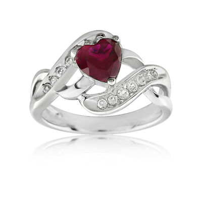 Ruby & White Sapphire Heart Ring in Sterling Silver