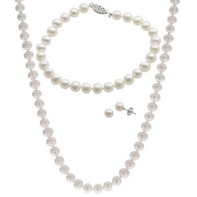 Freshwater Pearl Necklace, Earrings & Bracelet 3-Piece Jewelry Set with Sterling Silver Clasps