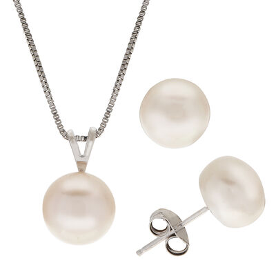 Imperial Pearl Sterling Silver White Button Pearl Pendant & Earring Set (9-10 mm)