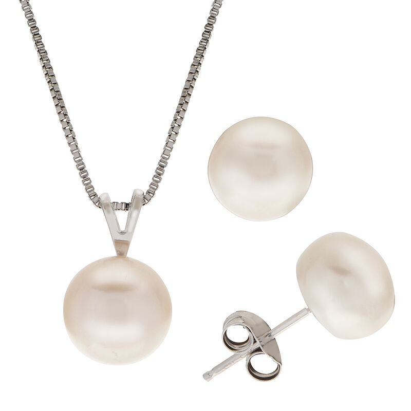 Imperial Pearl Sterling Silver White Button Pearl Pendant & Earring Set (9-10 mm) image number null