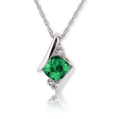 Created Emerald & Diamond Pendant 10k White Gold