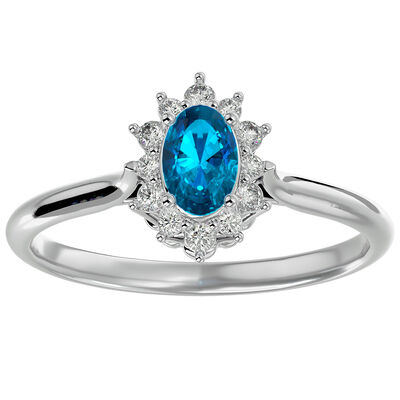 Oval-Cut Blue Topaz & Diamond Halo Ring in 14k White Gold