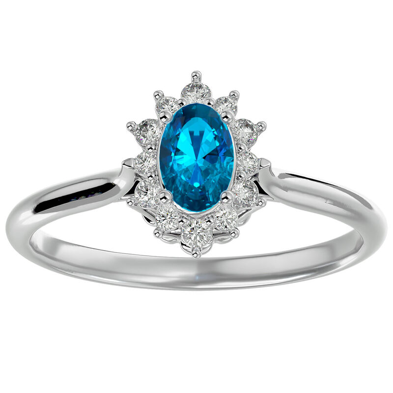 Oval-Cut Blue Topaz & Diamond Halo Ring in 14k White Gold image number null