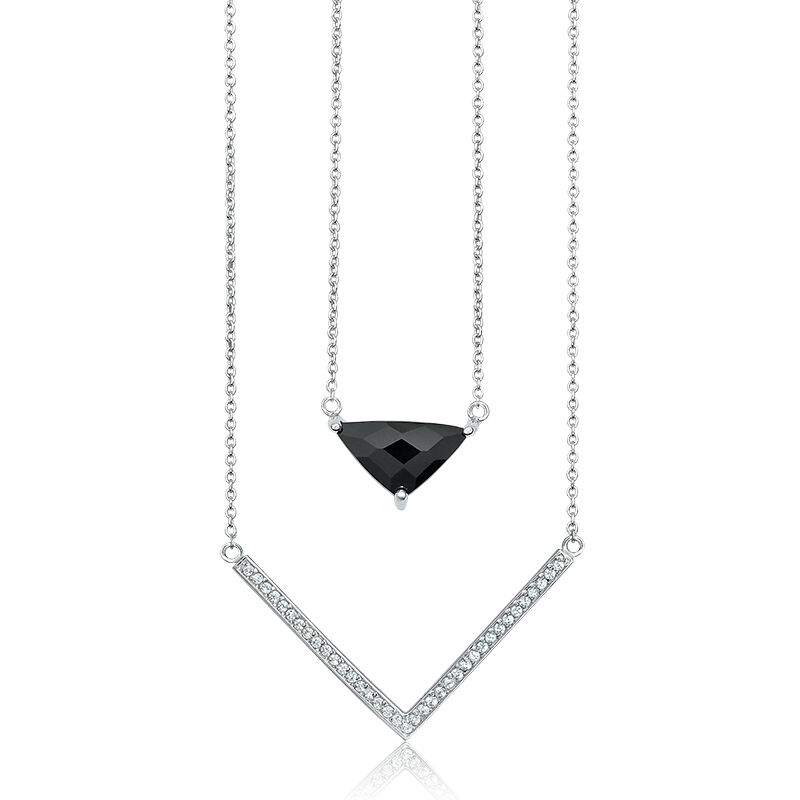 Double Strand Diamond & Onyx Necklace in Sterling Silver image number null