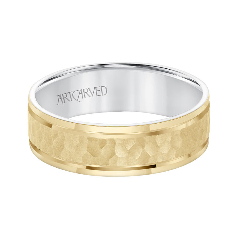 Men's Wedding Band with Hammered Finish, Milgrain Edges and White Gold Interior in 14k Yellow image number null