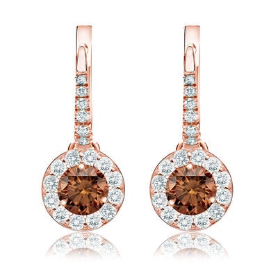 Champagne 1 1/2ct. Drop Diamond Halo Earrings in 14k Rose Gold
