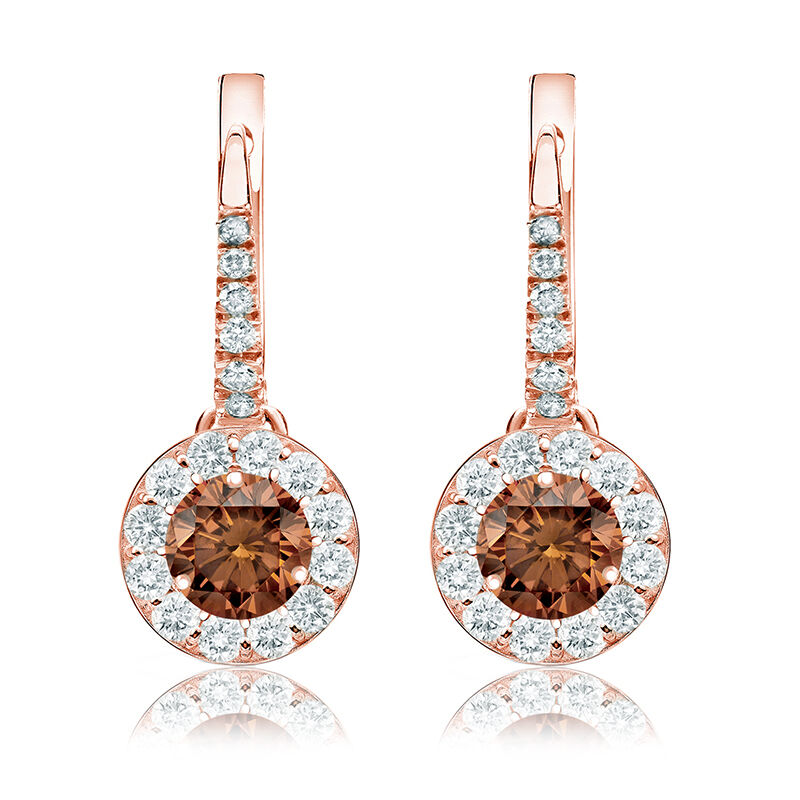 Champagne 1 1/2ct. Drop Diamond Halo Earrings in 14k Rose Gold image number null
