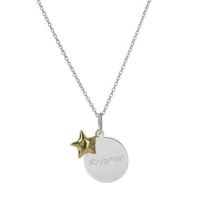 Believe Disc & Star Charm Pendant in Sterling Silver & 14k Gold