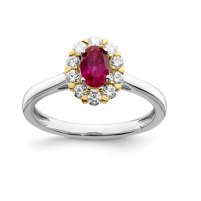 Created Oval Ruby Gemstone & Lab Grown Diamond Halo Ring