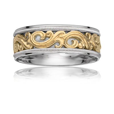 ArtCarved Men's "Sovereign" 14k White & Yellow Gold Scroll Wedding Band