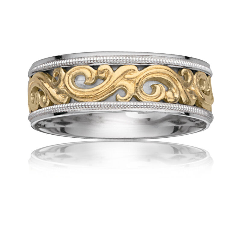 ArtCarved Men&#39;s "Sovereign" 14k White & Yellow Gold Scroll Wedding Band image number null