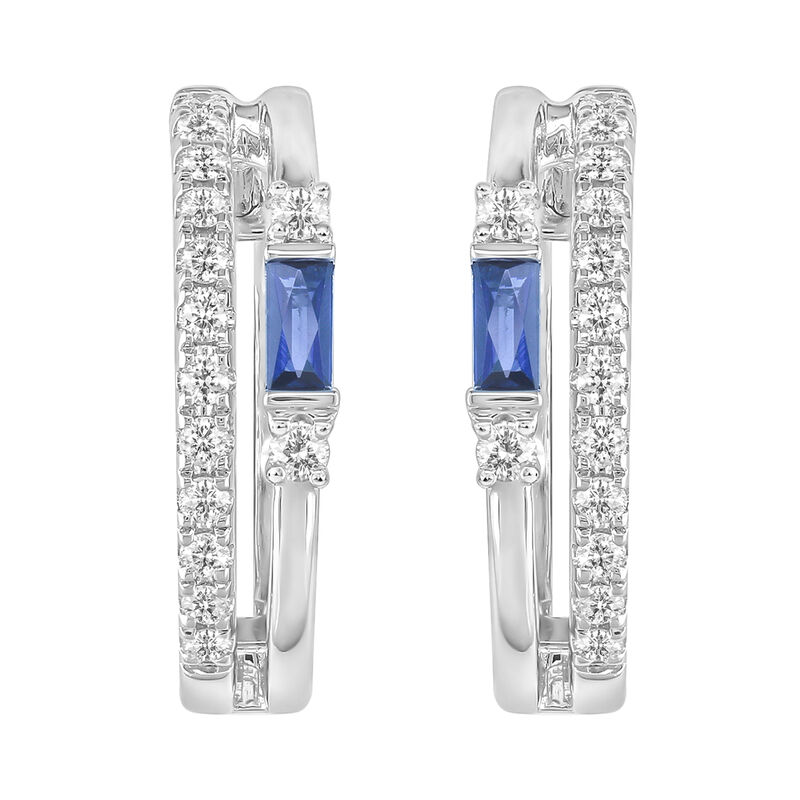 Baguette-Cut Sapphire & Diamond Hoop Earrings in 10k White Gold image number null