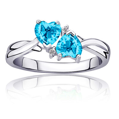 Blue Topaz Double Heart Diamond Ring in Sterling Silver