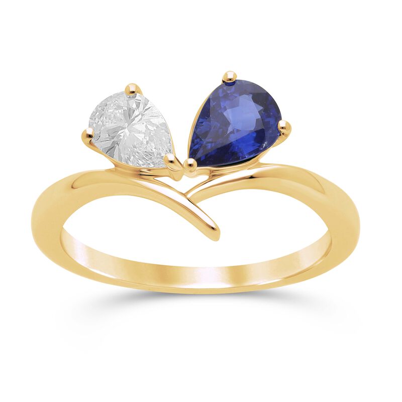 Pear-Shaped Created Sapphire & Lab Grown Diamond Two-Stone Ring in 10k Yellow Gold image number null