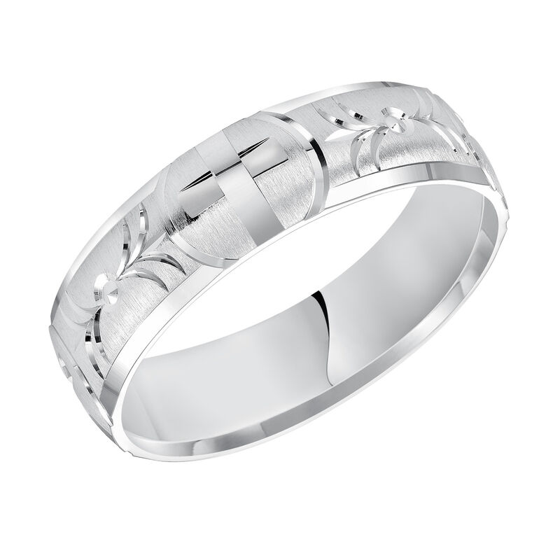 Men's Swiss Cut & Cross Detail Wedding Band in 14k White Gold image number null