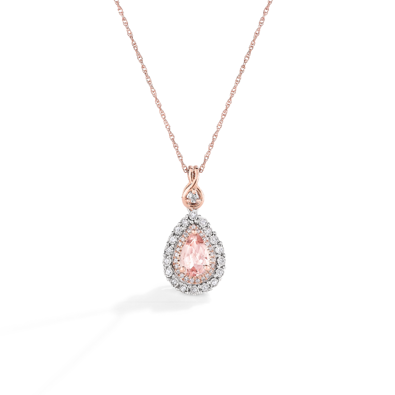 Pear-Shaped Morganite & Diamond Halo Pendant in 10k White & Rose Gold image number null
