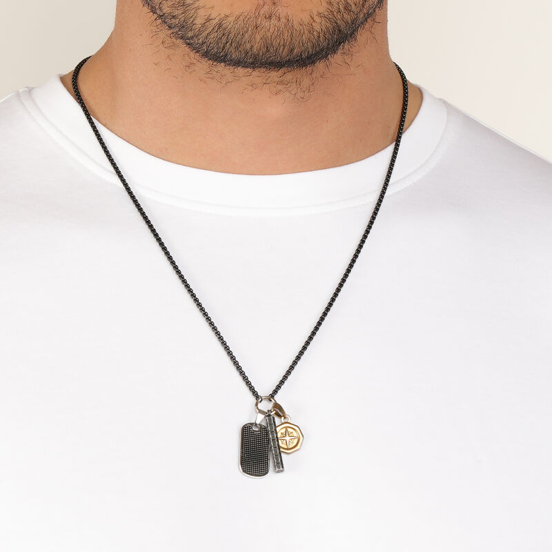 2 Tone Multi Pendant on 24" Box Chain in Black & Gold Ion Plated Stainless Steel image number null