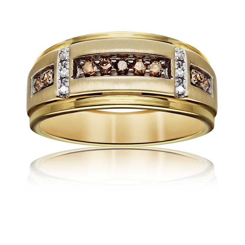 Men's Brown & White Diamond Band in 10k Yellow Gold image number null
