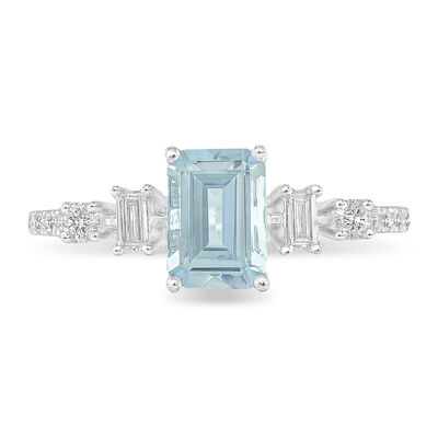 Emerald-Cut Aquamarine & Diamond Ring in 10k White Gold