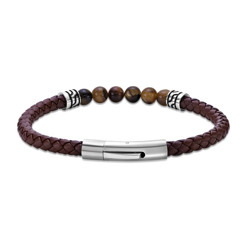 Tiger's Eye & Leather Bracelet in Stainless Steel image number null