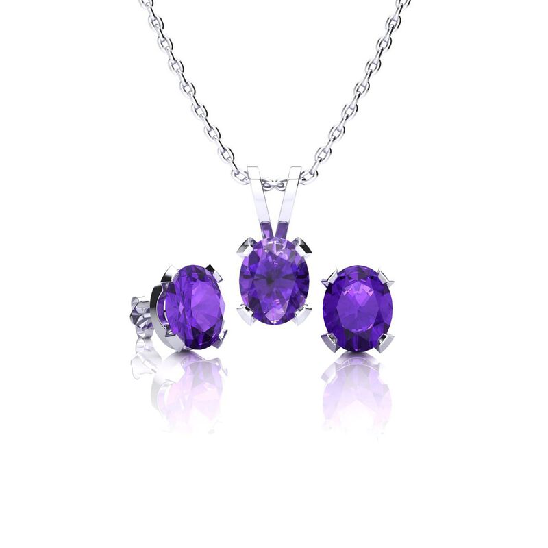 Oval-Cut Amethyst Necklace & Earring Jewelry Set in Sterling Silver image number null
