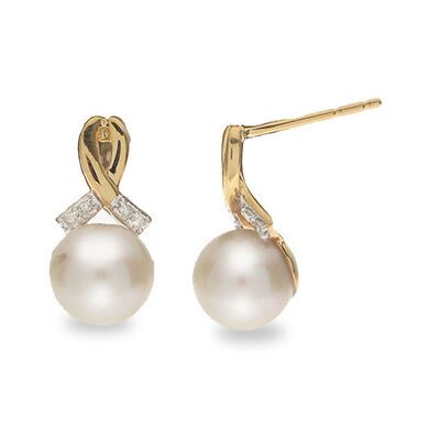 Round Imperial Pearl 7.5-8mm Pearl Drop Earrings in 10k Yellow Gold