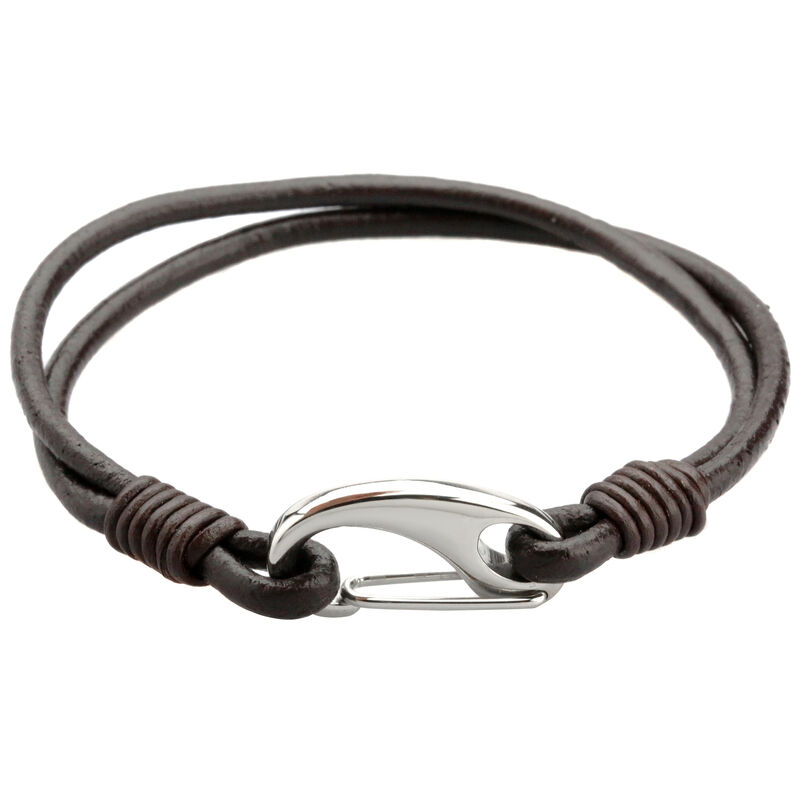 Men's Stainless Steel Lobster Clasp Brown Leather Bracelet image number null