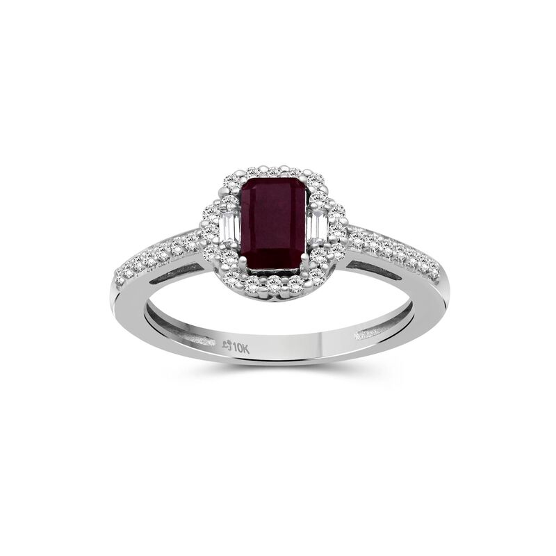 Emerald-Cut Ruby & Diamond Halo Ring in 10k White Gold image number null