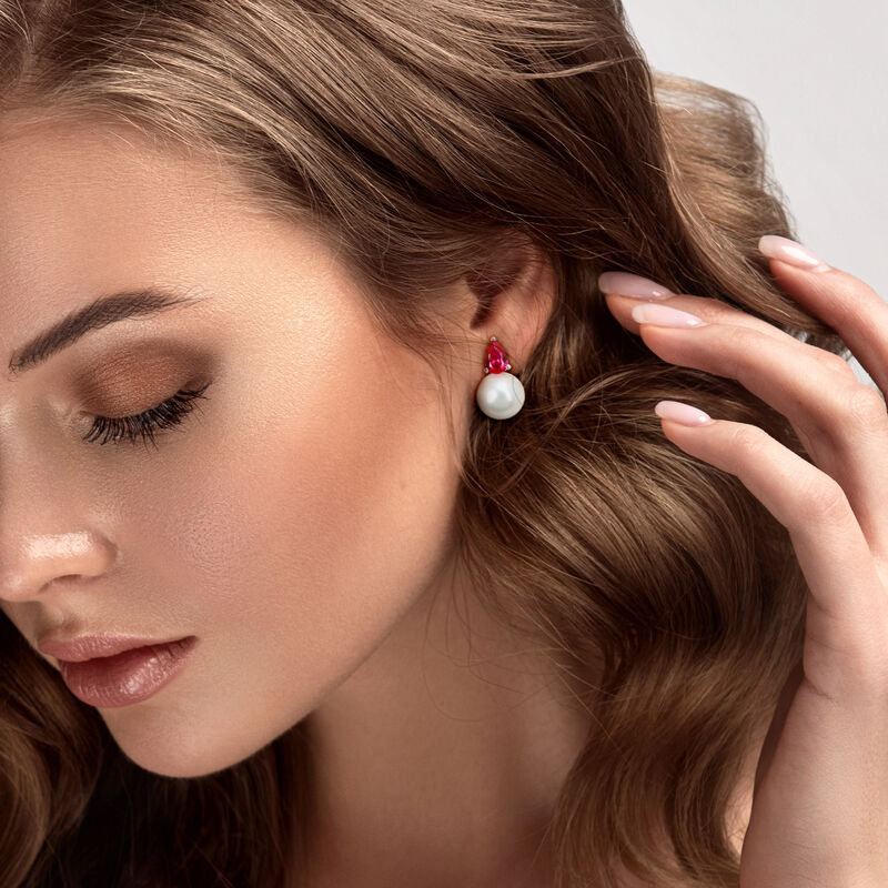 Created Ruby & Freshwater Cultured Pearl Stud Earrings in Sterling Silver image number null