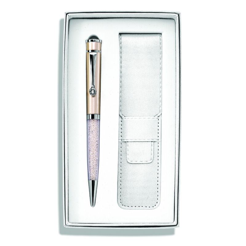 Champagne Crystal Filled Ballpoint Pen with White Pouch image number null