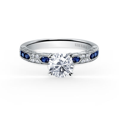 Art-Deco Round-Cut Blue Sapphire & Diamond Engagement Semi-Mount in 18k White Gold K1390SD-R