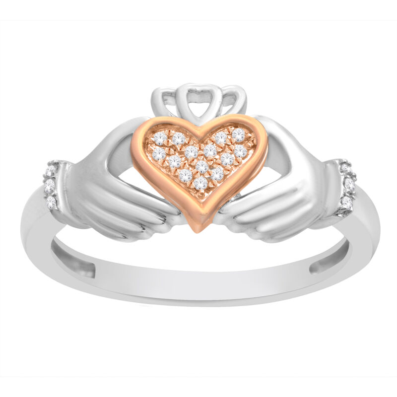 Brilliant-Cut .05ctw. Diamond Claddagh Ring in Two-Tone Rose Gold Plated Sterling Silver image number null