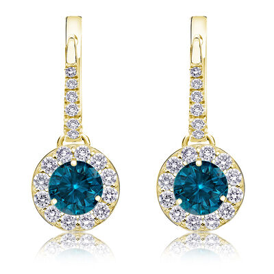 Drop 1 1/2ct. Blue Diamond Halo Earrings in 14k Yellow Gold